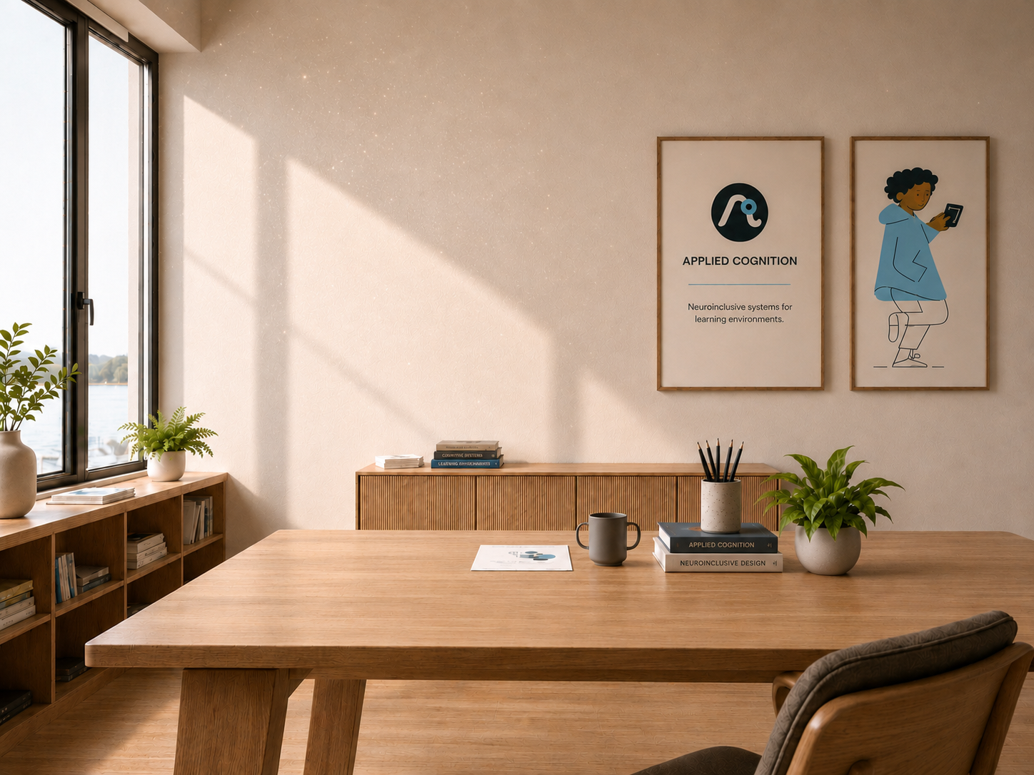A calm Applied Cognition research studio: a sunlit window on the left, the framed Applied Cognition poster and a companion illustration on the wall, and a wood table in the foreground.